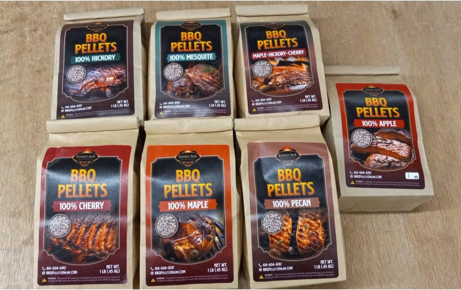 Lumber Jack BBQ 7 Varieties BBQ Pellet Pack - 1 Pound Bags - 100 Percent (Apple, Cherry, Pecan, Hickory, Maple-Hickory-Cherry, Mesquite and Maple) - 2Day Shipping