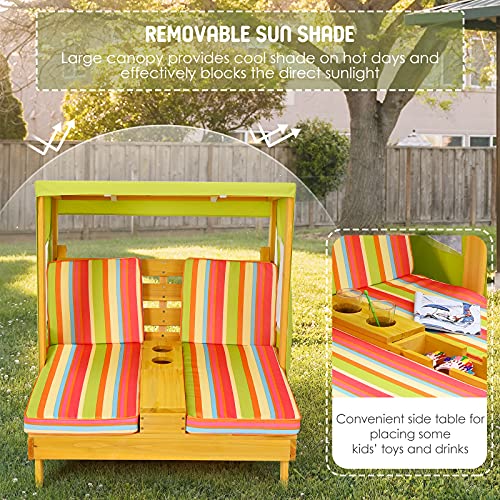 KOTEK Kids Lounge Chair Outdoor, Wood Double Chaise Lounge with Cup Holders, Removable Canopy & Stripped Fabric Cushions, Pool Kids Patio Furniture Cabana Lounger for Toddlers & Pets (Green+Orange)