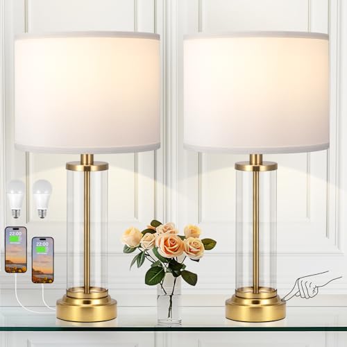 Nickel Bedroom Lamps Set of 2 - Touch Bedside Lamp for Night Stands with USB C+A, 3 Way Dimmable Nightstand Table Lamps for Living Room, Modern Glass Lamp for Bed Side Guest Room