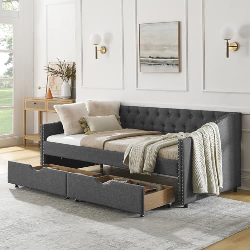 Wood Queen Size Daybed, Day Bed Frame with 2 Storage Drawers, Upholstered Bed Frame Queen Sofa Bed with Button and Nailhead Design for Bedroom Guest Room, No Box Spring Needed, Black