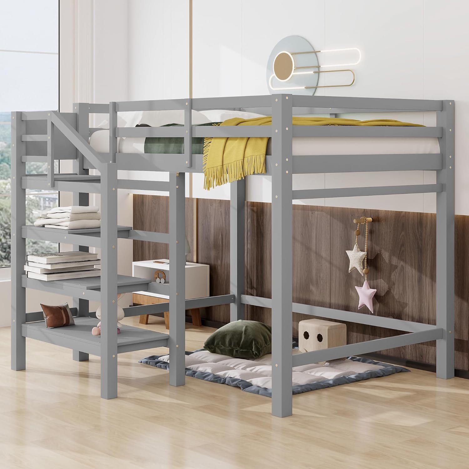 Bellemave Full Size Loft Bed with Stairs, Wood Loft Bed Frame with Storage Shelves and Hanging Rod Gray Loft Beds for Kids Boys Girls Adults Teens Dorm Bedroom