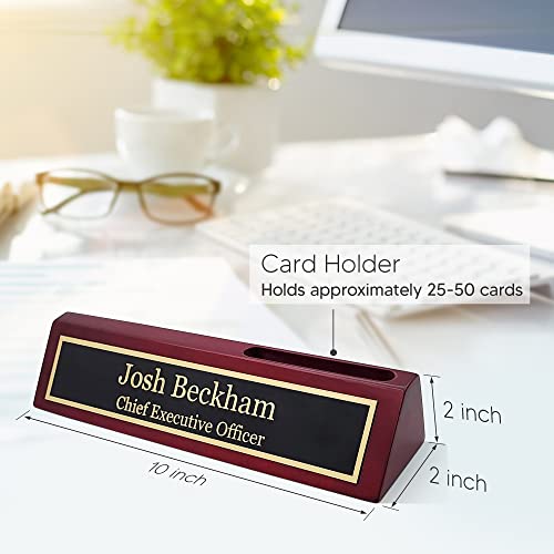 Engraving International Elegant Wood Name Plate for Desk | Custom Desk Name Plate Personalized Gift for Office, The Perfect Engraved Name Plaque - Rosewood Piano Finish (2x10 Inches With Card Holder)