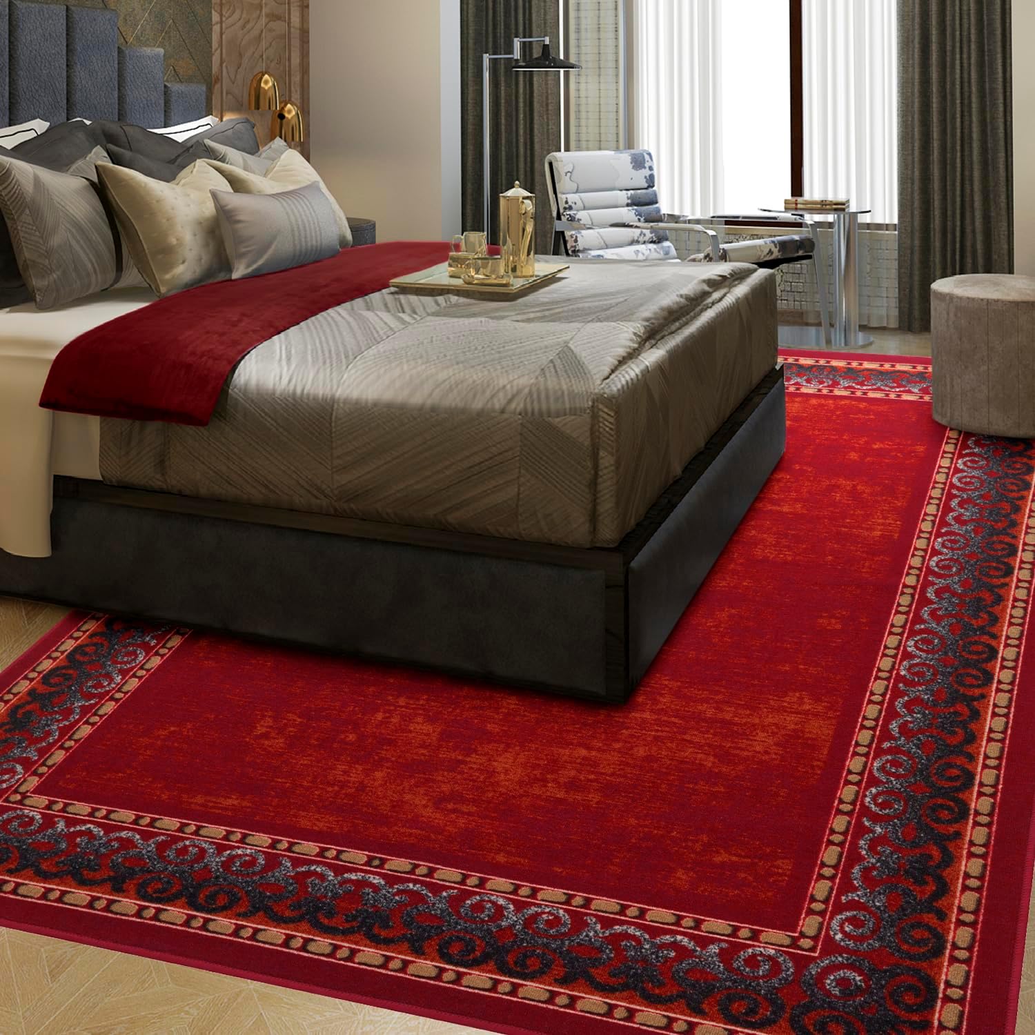 Antep Rugs Alfombras Bordered Modern 8x10 Non-Slip (Non-Skid) Low Pile Rubber Backing Indoor Area Rug (Maroon Red, 7'10