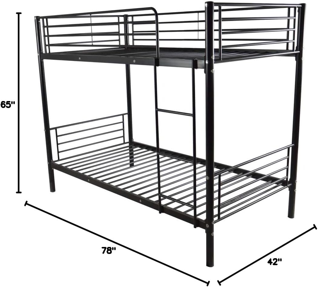 Twin Over Twin Metal Bunk Bed with Heavy Duty Frame, Ladder & Safety Rails for Kids Teens Adults, Bedroom Dorm, Quick to Assemble, Black