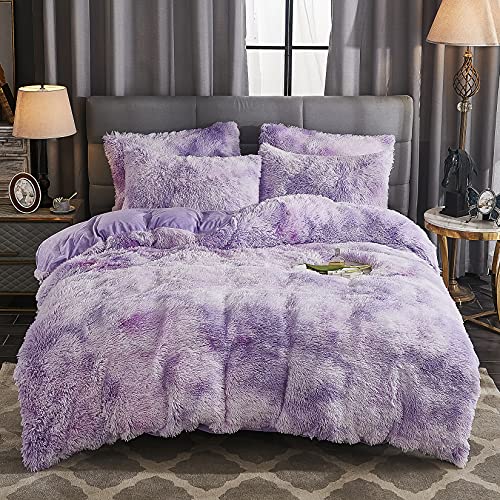 WERDIM Shaggy Fluffy Faux Fur Duvet Cover Set Button Closure Velvety Bedding Set Comforter Cover with Pillowcases White, Queen Size