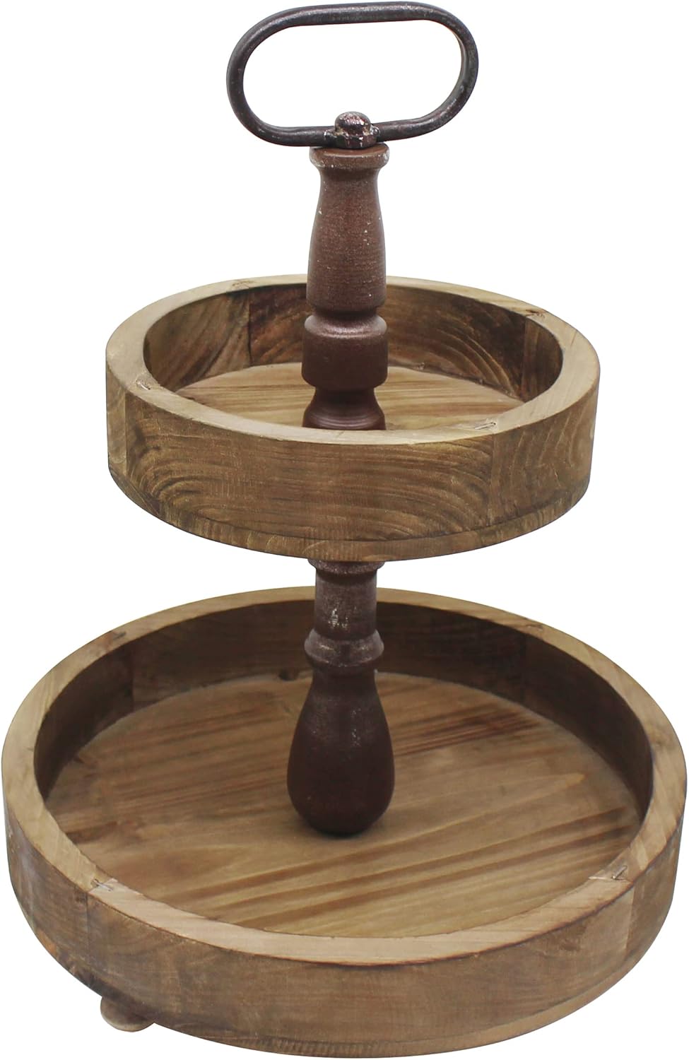 CVHOMEDECO. Rustic 2 Tiered Tray Stand Farmhouse Wood Serving Tray Stand with Metal Decorative Handle for Home Kitchen Bathroom Coffee Bar Decor.