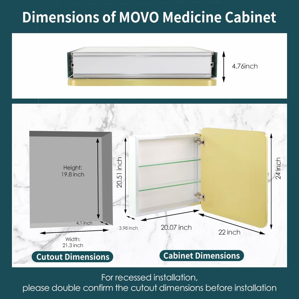 Movo Gold Bathroom Medicine Cabinet Mirror,24 inch X 22 inch Wall Mounted or Recessed Medicine Cabinet,Adjustable Glass Shelves, Waterproof and Rust-Resist Mirror Medicine Cabinet