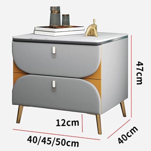 C,40 * 40 * 47cm, Modern Nightstand, Solid Wood Bedside Storage Cabinet - Rock Slate Countertop, with Double Drawer, for Bedside/Sofa Side