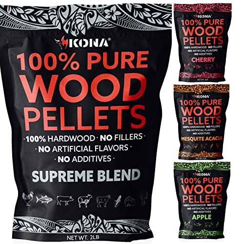 Kona Best Wood Smoking Pellets - Grilling Smoker Tube Pellets Variety Pack - 100% Hickory, Kona Premium Blend, 100% Oak, Kona Signature Sweetwood Blend - 2 Pound Bags