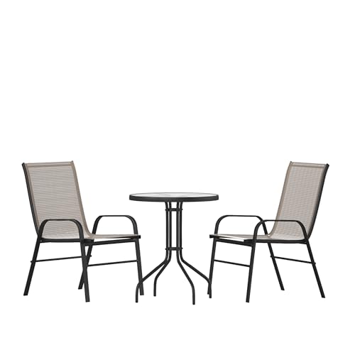 EMMA + OLIVER Three Piece Patio Table Set - Two Brown Flex Comfort Chairs - 23.75