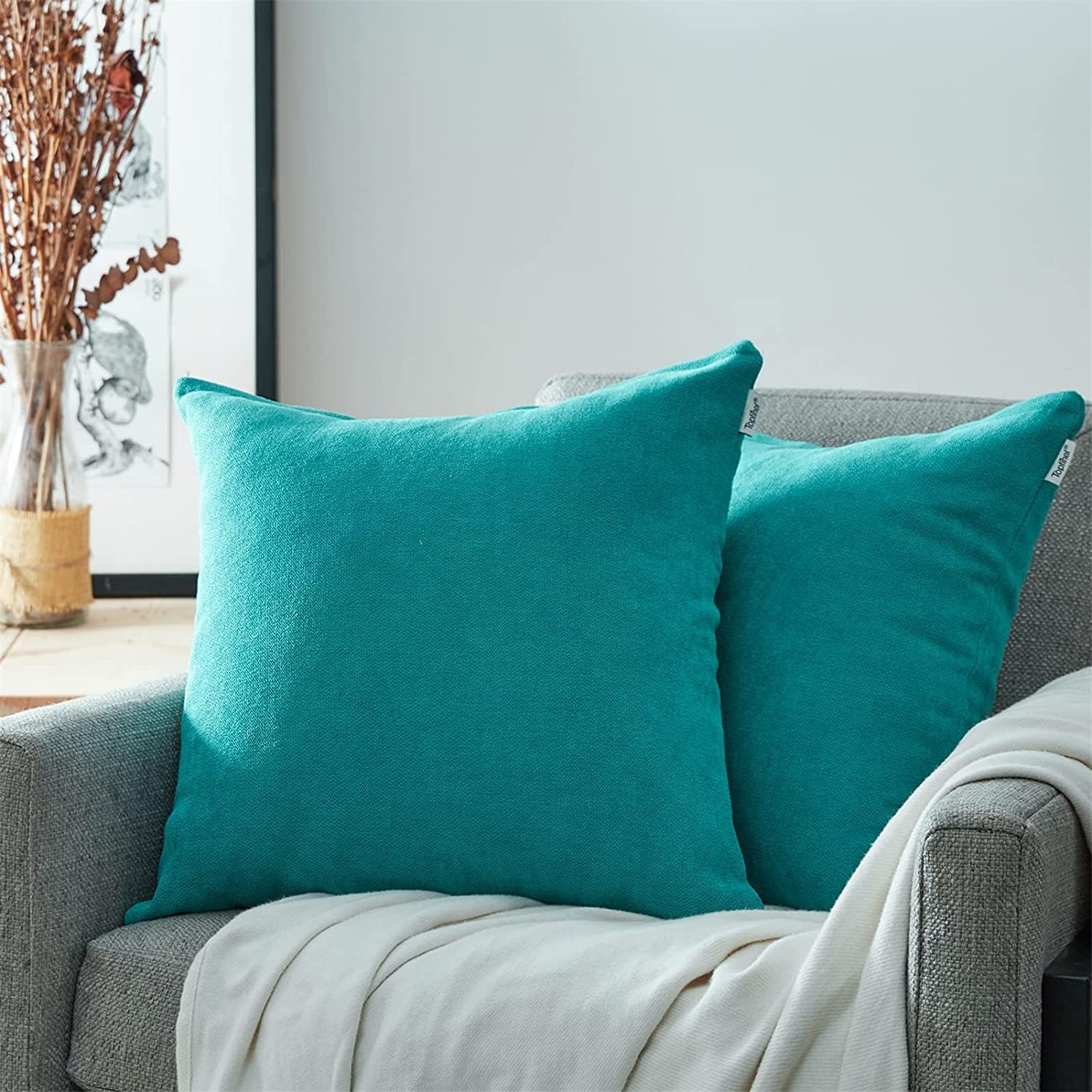 Top Finel Decorative Throw Pillow Cases Soft Chenille Solid Cushion Covers 20 X 20 for Couch Bedroom Car, Pack of 2, Teal