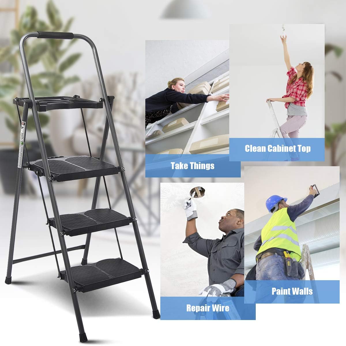 Giantex 3 Step Ladder Folding Ladder Stool with Tool Platform 330 LBS Capacity Space Saving Foldable Ladder W/tray