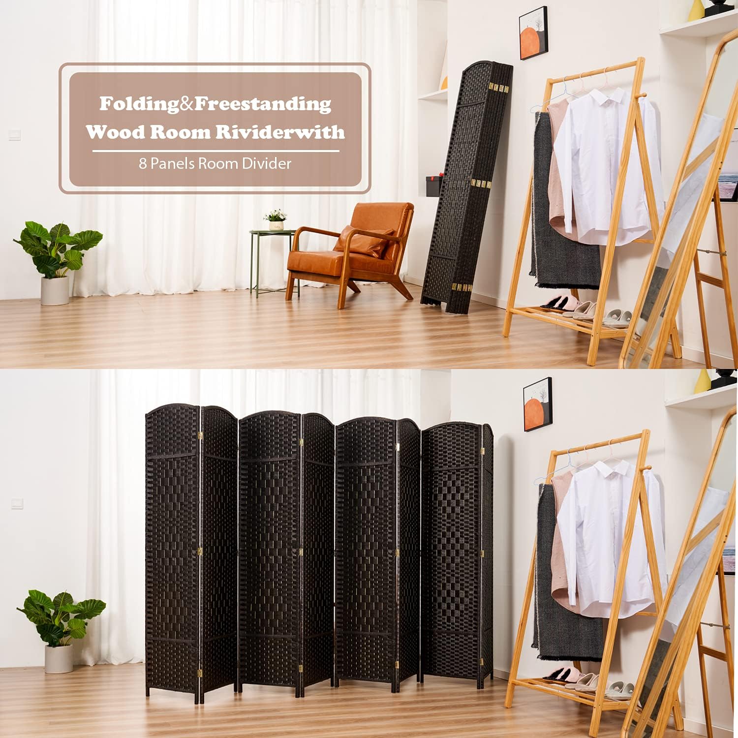 Excited Wrok Room dividers 6 ft. Tall Folding Privacy Screen Tall Extra Wide Partition Foldable Panel Wall Divider (Coffee, 8-Panel)