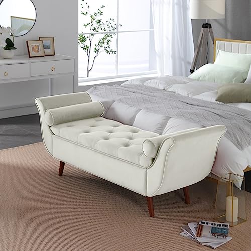 Velvet Storage Bench for Bedroom, Red, Upholstered Button Tufted Storage Ottoman Bench Footstool Rolled Arm Solid Wood Legs