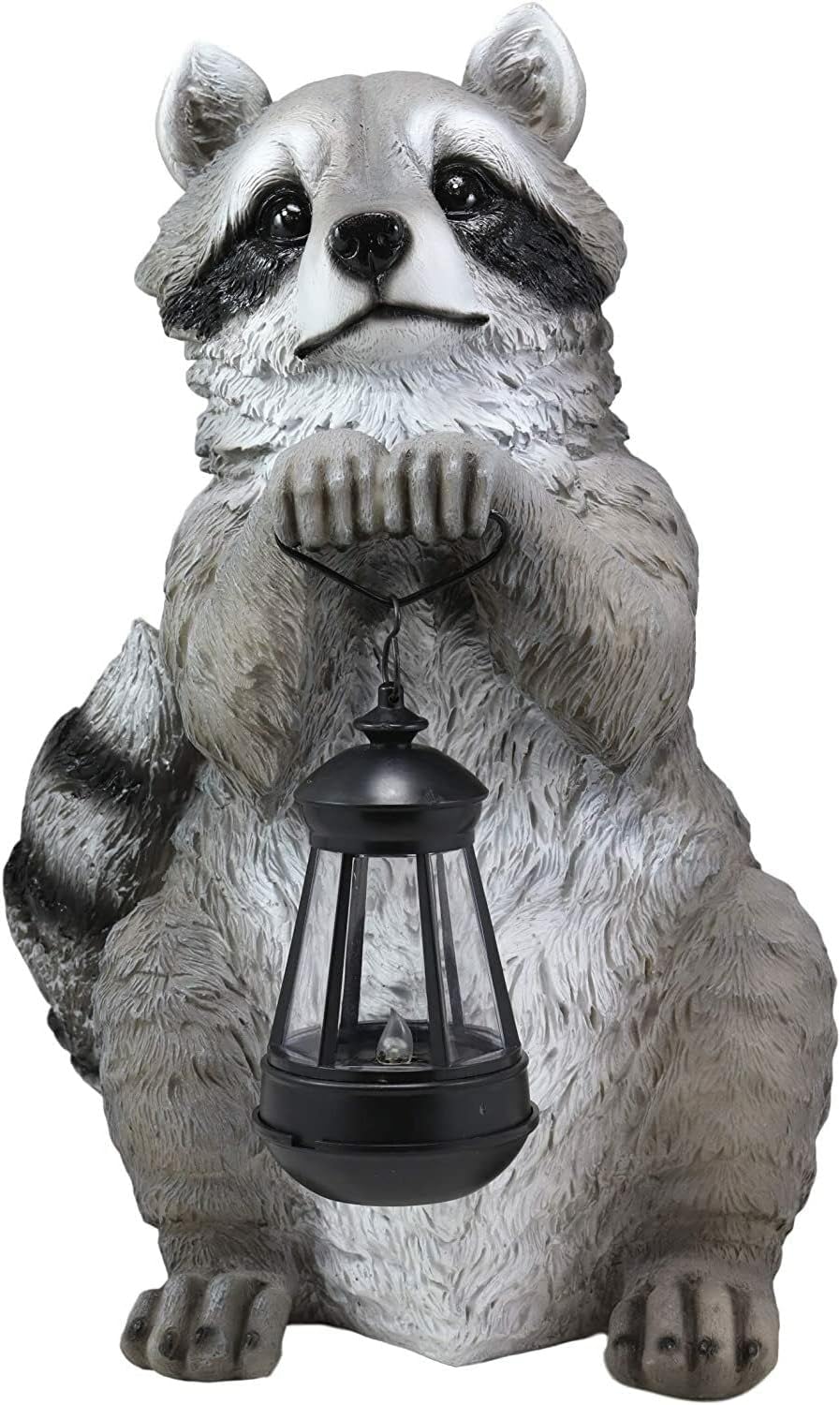 Ebros Gift Night Bandit Wildlife Urban Forest North American Raccoon Statue Holding Solar Powered Lantern LED Light Patio Decor Indoor Outdoor Raccoons Animal Sculpture Decorative