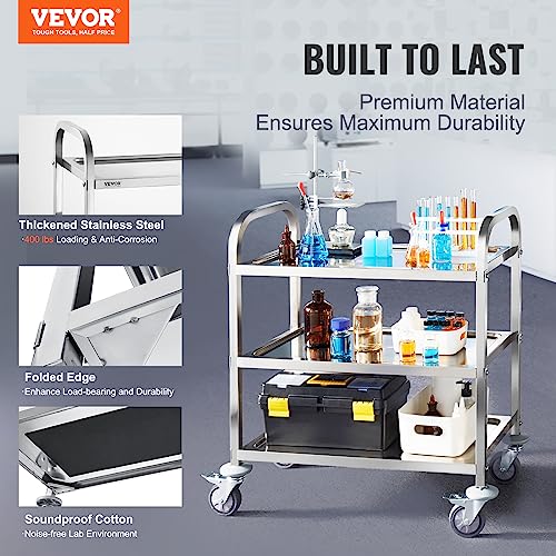 VEVOR Medical Cart, 2 Layers Stainless Steel Cart 220 lbs Weight Capacity, Lab Utility Cart with 360° Silent Wheels and a Drawer for Lab, Clinic, Kitchen, Salon, Silver