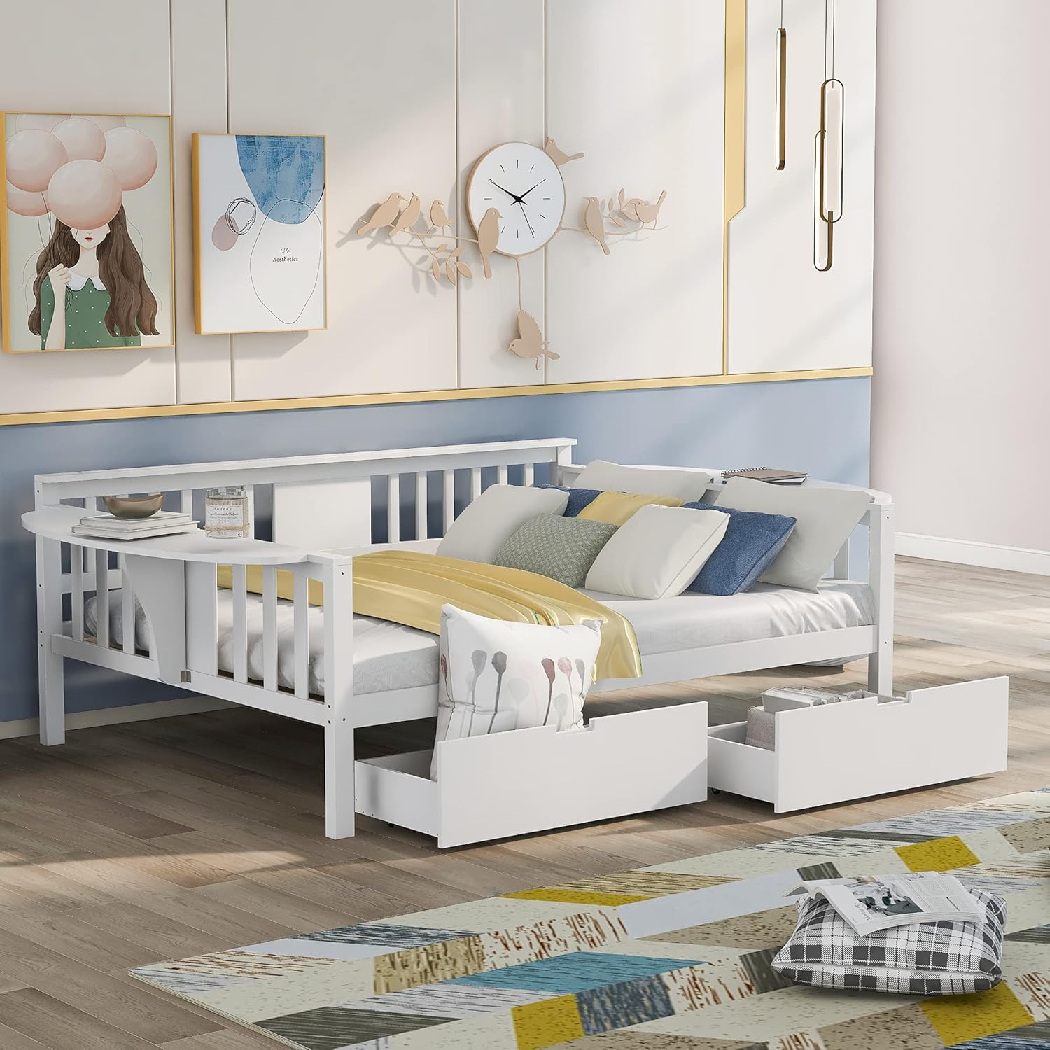 Bellemave Daybed with Storage Drawers, Wood Full Daybed Frame with Small Foldable Table, Full Size Sofa Bed for Bedroom, Living Room, Full with 2 Drawers, White