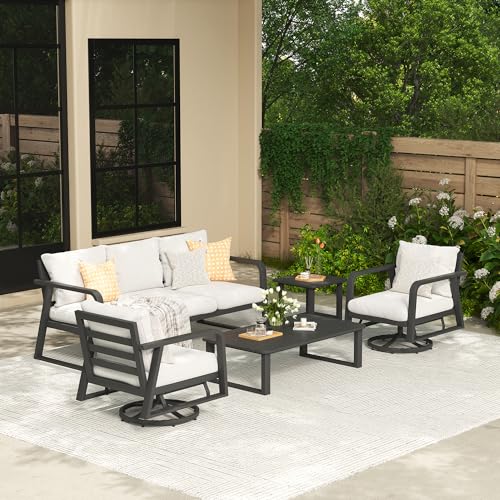 Aluminum Patio Furniture Set,5-Piece Metal Patio Conversation Set with Swivel Rocking Chairs,Modern Outdoor Sectional Sofa with Coffee Table for Lawn, Garden, Backyard, Balcony (Light Grey Cushions)