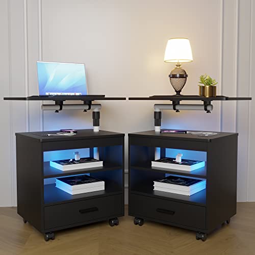 dnbss LED Nightstand with Charging Station & Sockets, Smart Bedside Table, Modern Night Stand for Bedroom, Large Side End Table, Laptop Tray Workstation, Drawer, Open Shelf, Wheel (Set of 2, Black)
