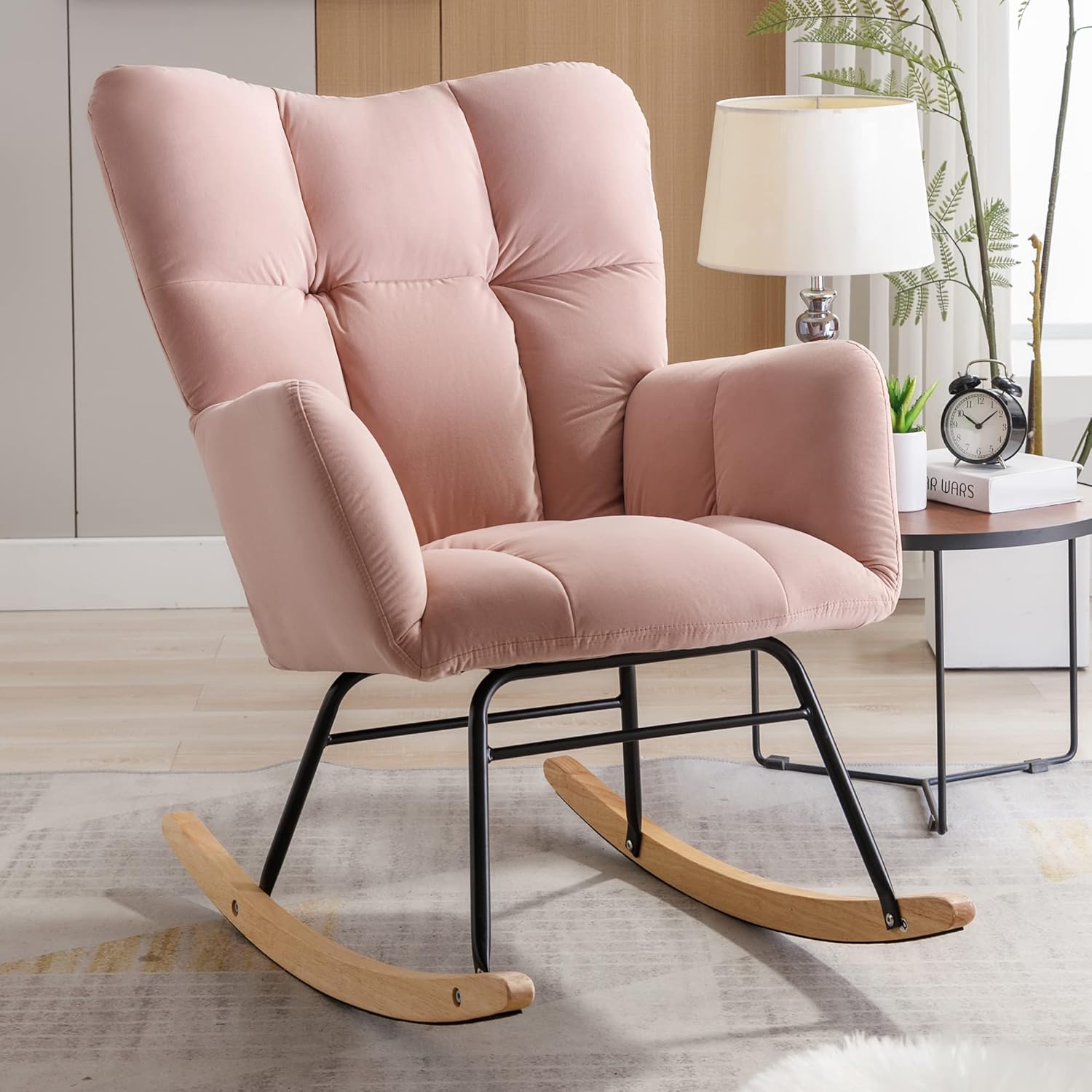 Rocking Chair, Velvet Upholstered Glider Rocker with High Backrest, Padded Seat and Curved Legs for Living Room Bedroom Offices, Ergonomic Tufted Armchair Mid Century Style, Pink