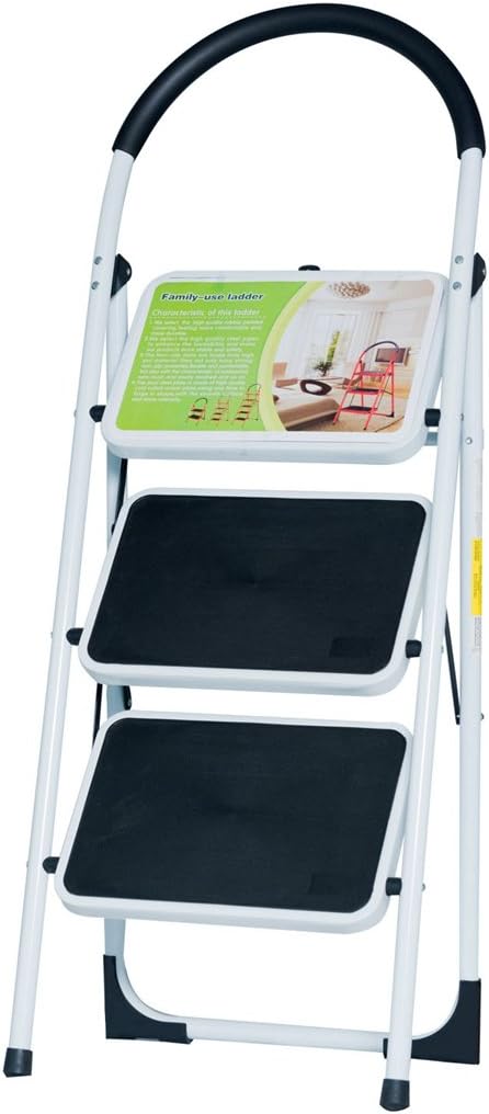 Good Life EN131 Folding 3 Step Ladder Home Depot Steel, Lightweight 300 lb Capacity with Hand Grip Anti-Slip and Wide Pedal