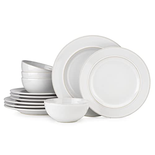 12 Piece Dinnerware Set By Glavers Service For 4, Round Black Matte Dishes – High-End Portuguese Quality Stoneware Set – Includes 4 Dinner Plates 4 Salad Plates, And 4 Bowls Dishwasher Microwave safe.