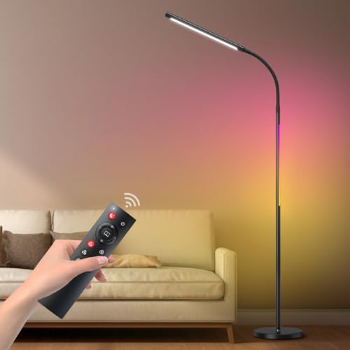 LED Floor Lamp,15W Dimmable Bright Reading & RGB Atmosphere Light,4 Color Temperatures,Remote and Touch Control,Music Sync,Adjustable Gooseneck Standing Task Lamp for Living Room Bedroom