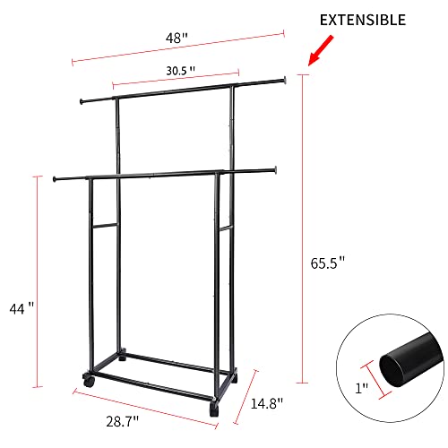 Black Simple Standard 2 Double Rod Clothing Metal Garment Rack for Hanging Clothes, Rolling Clothes Organizer with Mobile Lockable Wheels