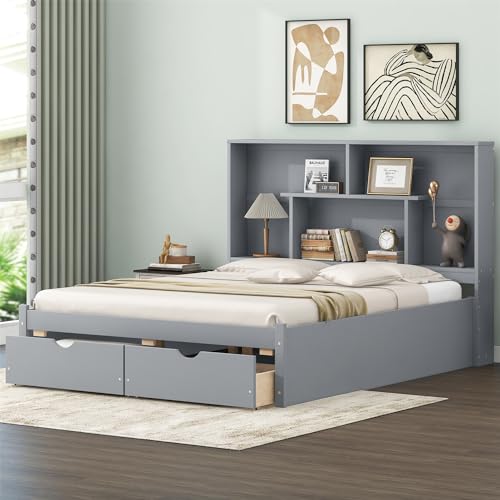 Full Size Platform Bed with Storage Headboard and 2 Drawers, Solid Wood Bed Frame, Spring Box Not Required, White