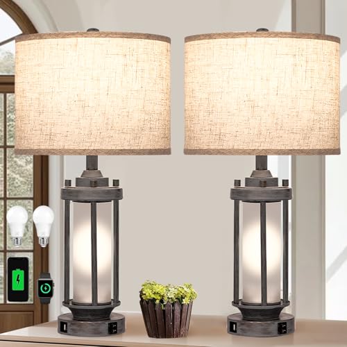 Set of 2 Farmhouse Table Lamp for Living Room Bedroom Bedside, Vintage Rustic Nightstand Lamps with USB C+A Charging Ports, Retro Gray Frosted Glass Night Light, Include 2 Bulbs (Gray)