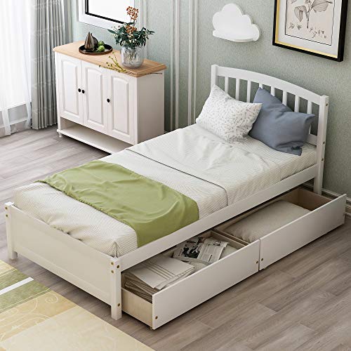 Twin Size Platform Bed with 2 Storage Drawers, Solid Wood Twin Bed Frame with Slat support and Headboard for Kids, Teen, Adults, No Box Spring Needed(Twin, White)