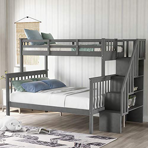 Harper & Bright Designs Solid Wood Twin Over Full Bunk Beds, Kids Bunk Bed Twin over Full Size with Stairs and Storage Shelves (White)