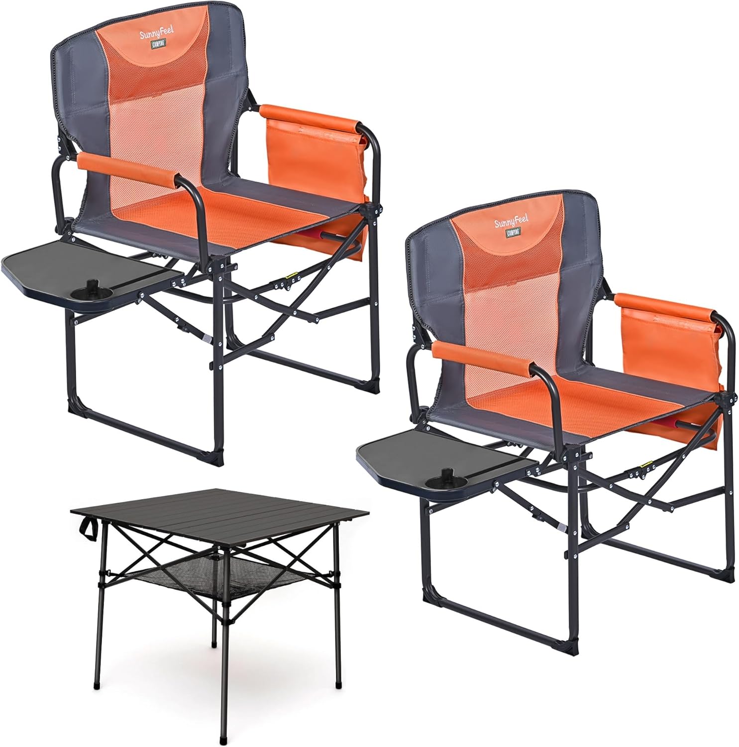 SUNNYFEEL Camping Directors Chair 2 Pack with Aluminum Outdoor Folding Table, Oversized Portable Folding Chair with Pocket for Beach, Fishing,Trip,Picnic,Lawn,Concert