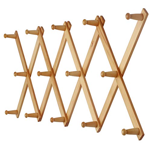 Dseap Accordian Wall Hanger: 16” High Wooden Wall Expandable Coat Rack, Hat Rack Holder, Accordion Hook for Baseball Caps, Coats, Mugs, 20 Peg Hooks, Natural