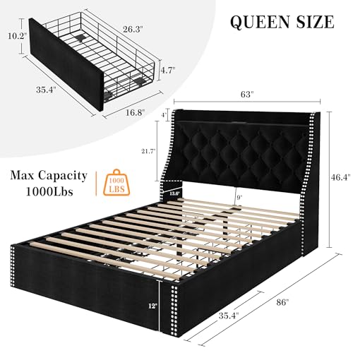 Full Size Bed Frame with 4 Storage Drawers and Wingback Storage Headboard, Charging Station with Type-C & USB Ports, Diamond Stitched Button Tufted Design, No Box Spring Needed, Grey