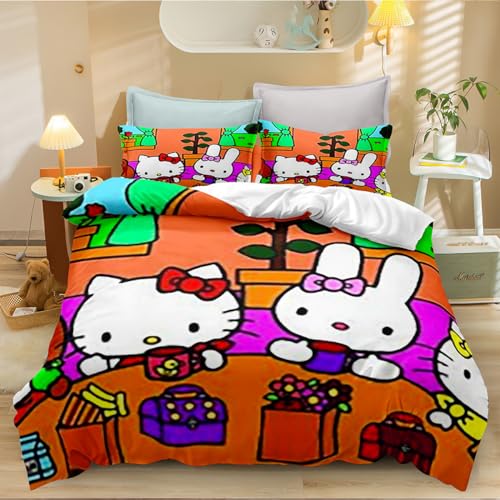 3 Piece Kitty Duvet Cover Set Bedding Set Ultra Frinted Quilt Hello Printed Microfiber Comforter Protector Cute Bed Cover Set Pillowcases, Twin