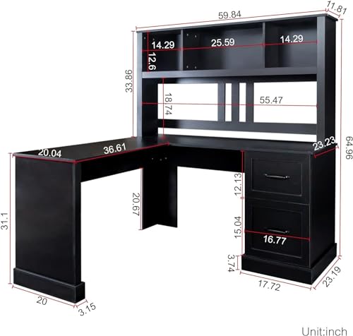 L Shaped Desk with Hutch, Corner Desk, Study Table Writing Desk, Home Office Computer Desk with Storage Rack Drawer for Home, Office