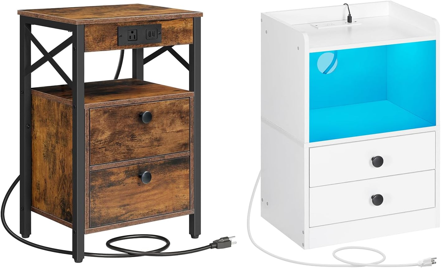 HOOBRO Nightstand with Charging Station and LED Light Night Stand, End Table with 2 Drawer, Sofa Side Table with USB Port, for Bedroom, Adjustable Feet, BF138UBZ01-WT28UDBZ01