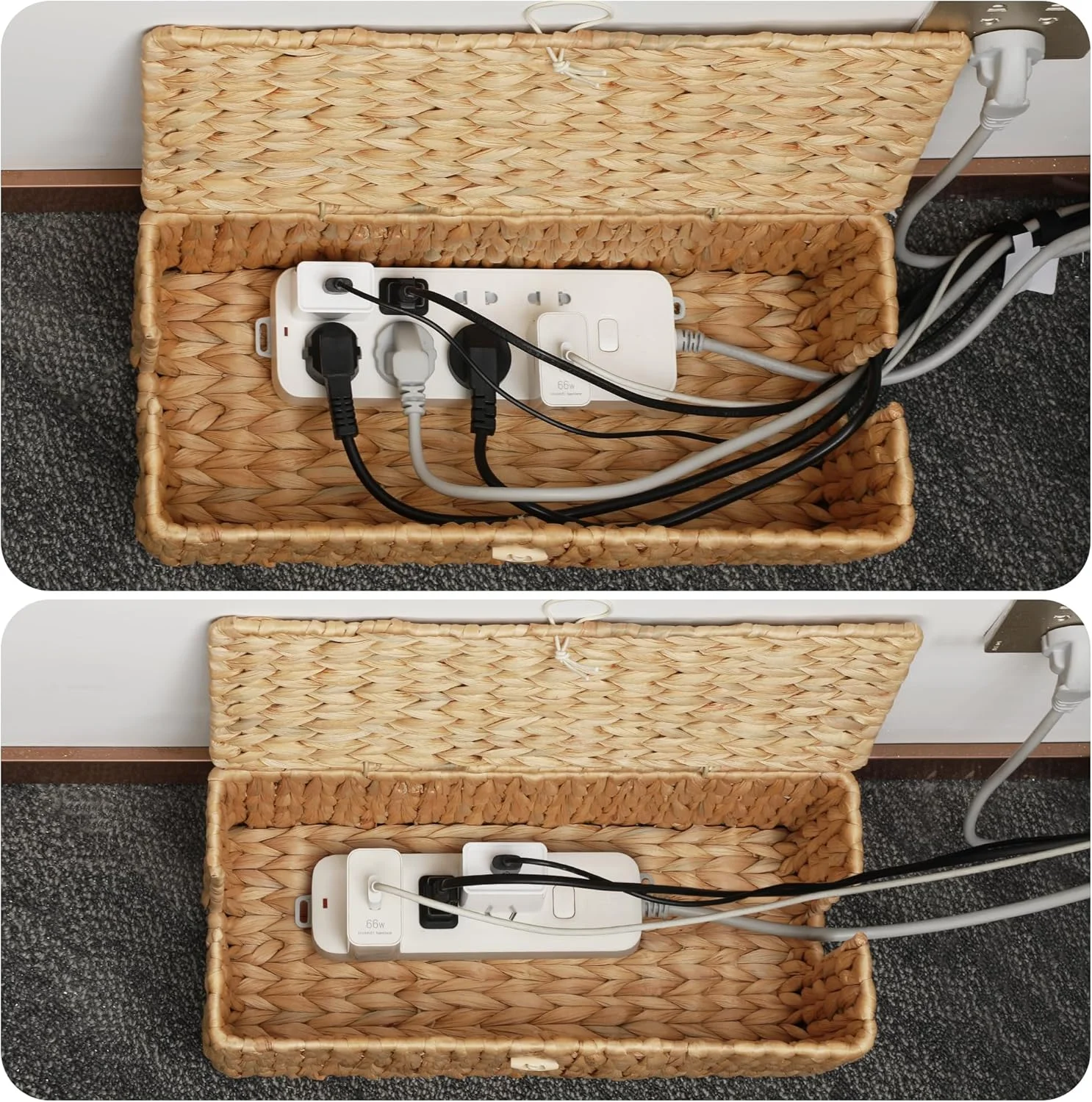 Cable Management Box with Lid, 2 Pack Handwoven Water Hyacinth Cord Hider Organizer Boxes, 2 Side Open Slots Storage Box to Hide Cords and Power Strip for Desk, Floor, Office