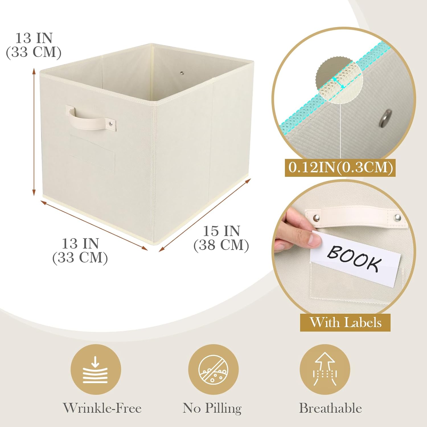 Foldable Cube Storage Organizer 4 Pack, 13 x 15 x 13 inch Fabric Cube Storage Bins with PU Handles, Collapsible Storage Bins for Shelves Home Bedroom Office (Beige)