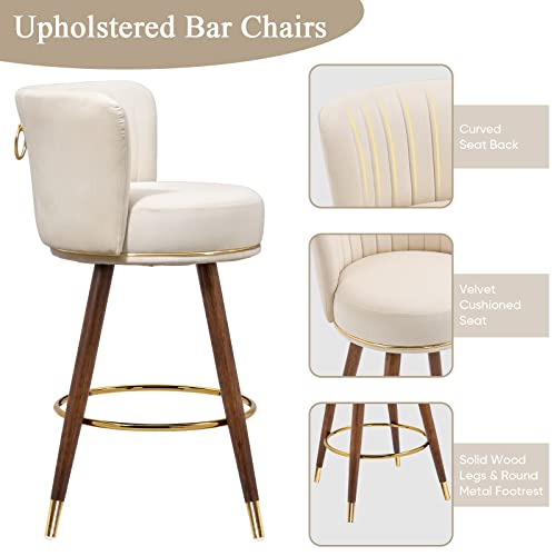 Bar Stools, 27 Inch Swivel Bar Stools, Rustic Counter Stools with Back, Comfy Velvet Upholstered Bar Chairs, Set of 2, Pink