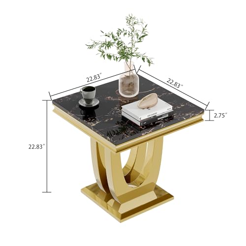 Modern Luxury Faux Marble End Table with Polished Silver Stainless Steel U Base Square White Marble Side Table Elegant Small Bedside Table for Living Room Bedroom Office
