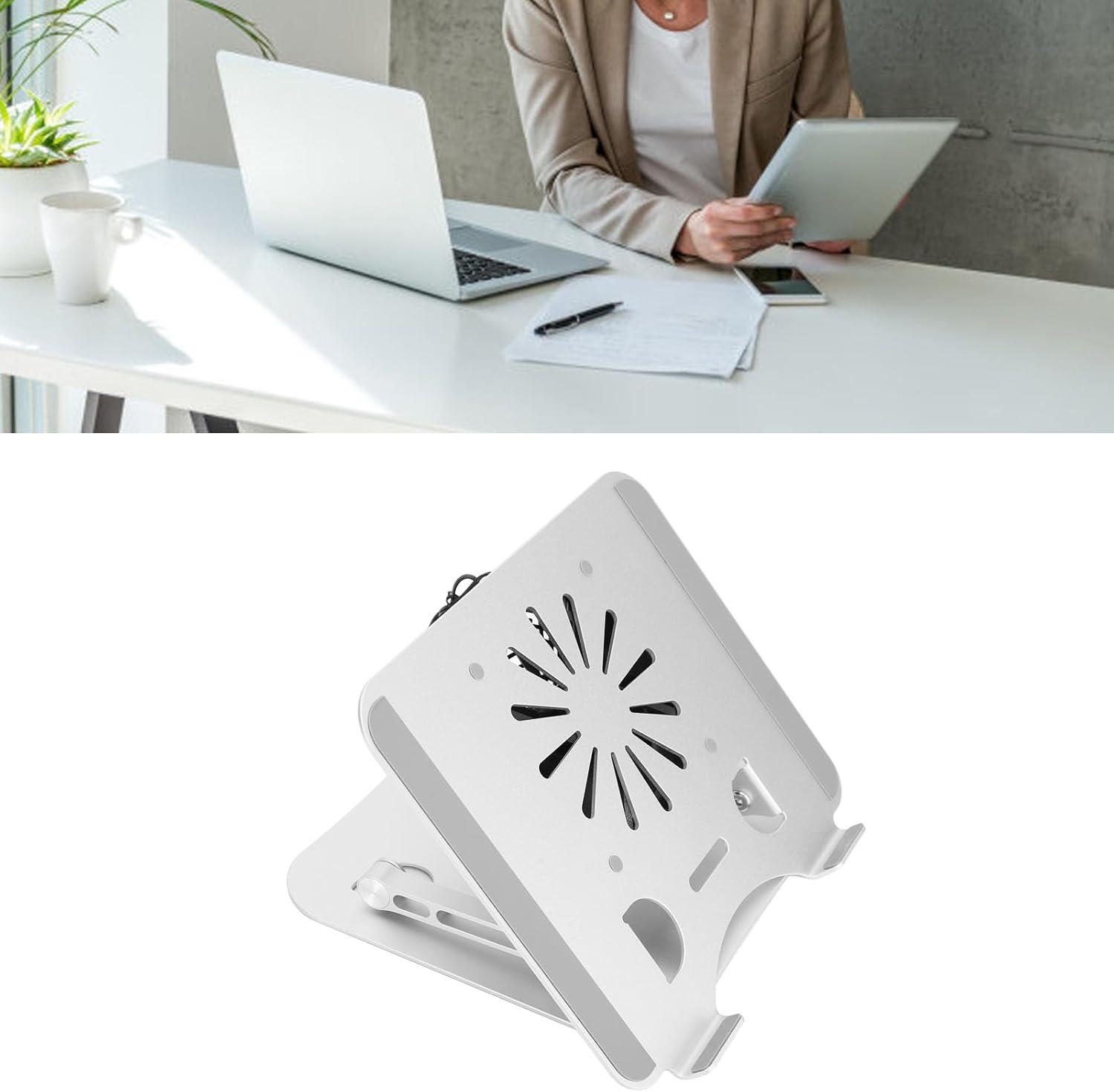 Laptop Cooler Stand, 17in Elevatable Foldable Laptop Cooling Pad with USB Base Fan, Portable Aluminum Alloy Laptop Accessories for Office Library