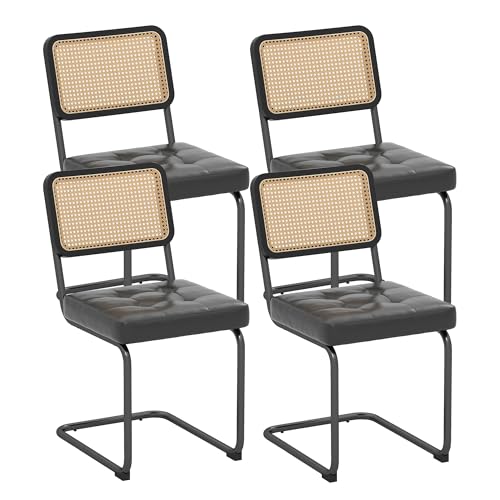 Faux Leather Dining Chairs Set of 4, Upholstered Armless Dining Room Chairs with Metal Chrome Frame, Modern Kitchen Chairs with Mesh Rattan Backrest and Plastic Footmat, Black