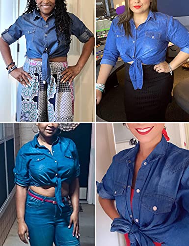 AMEBELLE Women's Roll Up 3/4 Sleeve Tie Front Knot Shirt Chambray Denim Crop Top