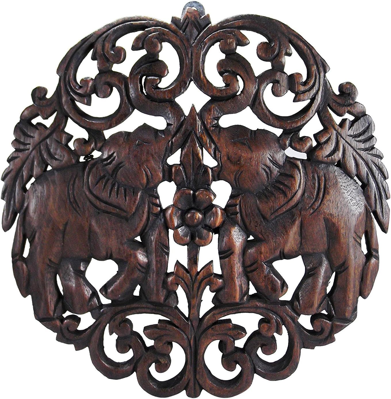 AeraVida Elaborate Circular Double Thai Elephant Hand Carved Teak Wood Wall Art