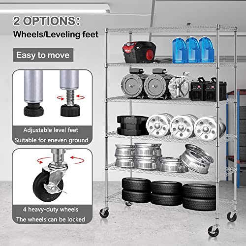 6 Tier Wire Shelving Unit 78''H x 48''W x 18''D Heavy Duty Shelving with Wheels NSF Metal Shelves for Storage Garage Shelves Heavy Duty 6000 Lbs Capacity Adjustable Wire Shelves Storage Rack (Black)