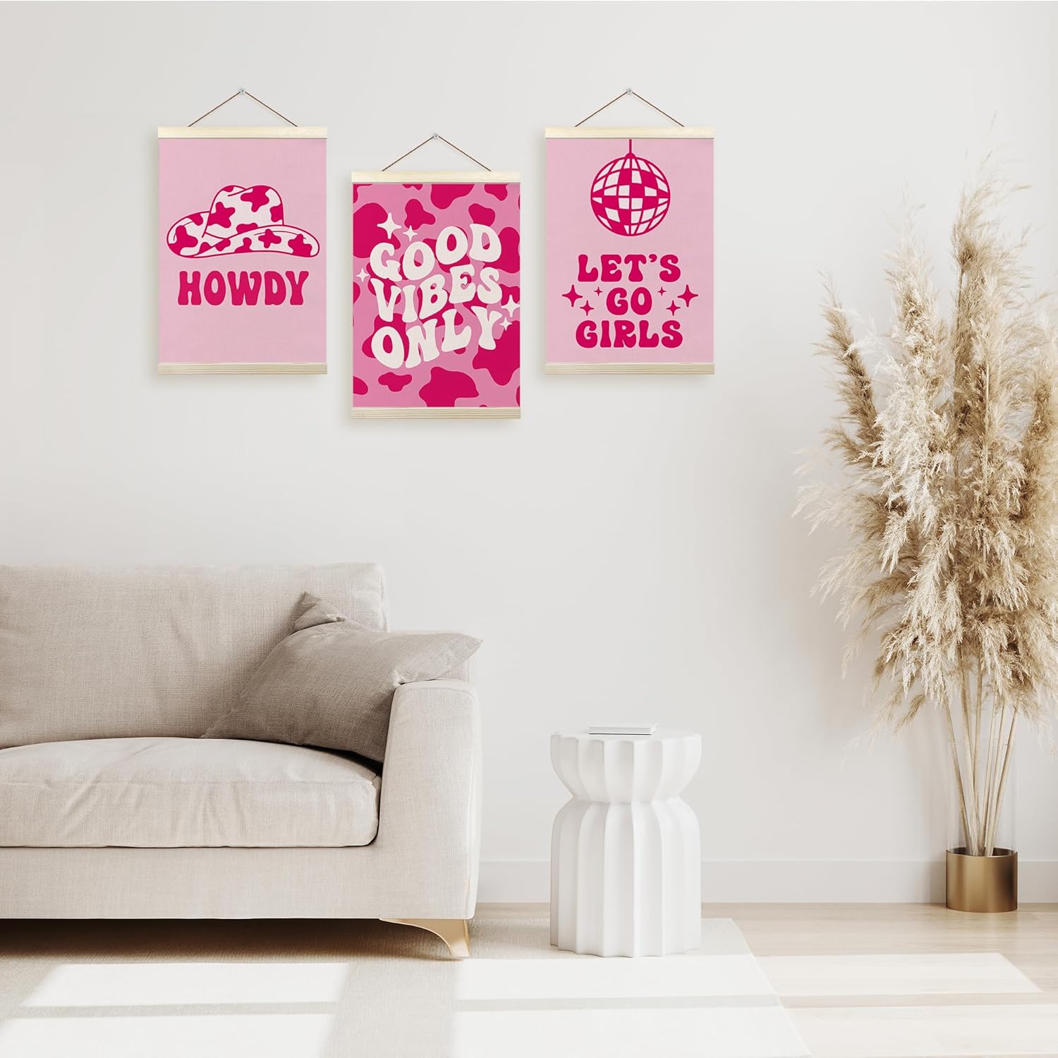 TLESKE Hot Pink Preppy Western Poster Hanger Frame Set of 3, Trendy Howdy Lets Go Girls Hanging Wall Art Decor for Cowgirl Teen Girls Room Dorm, Retro Girly Canvas Banner, Gifts for Cowgirl 12x16in
