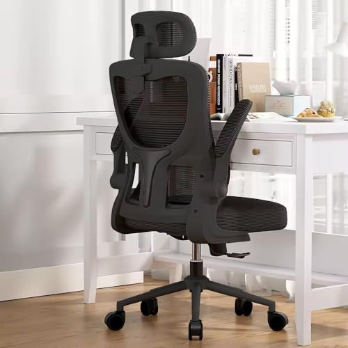 Mesh Office Chair High Back Ergonomic desk Chair with Lumbar Support and filp up Armrest Adjustable Headrest for Home Office Chair Swivel Mesh gaming Chair for Work, Study