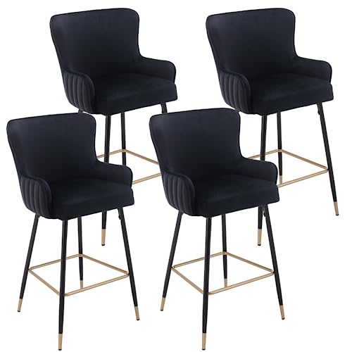 Guyou Velvet Bar Stools with High Back Set of 2, 30” Upholstered Kitchen Island High Chairs Pub Chair with Gold Footrest Wing Back Armrests for Dining Room Home Party (Black)